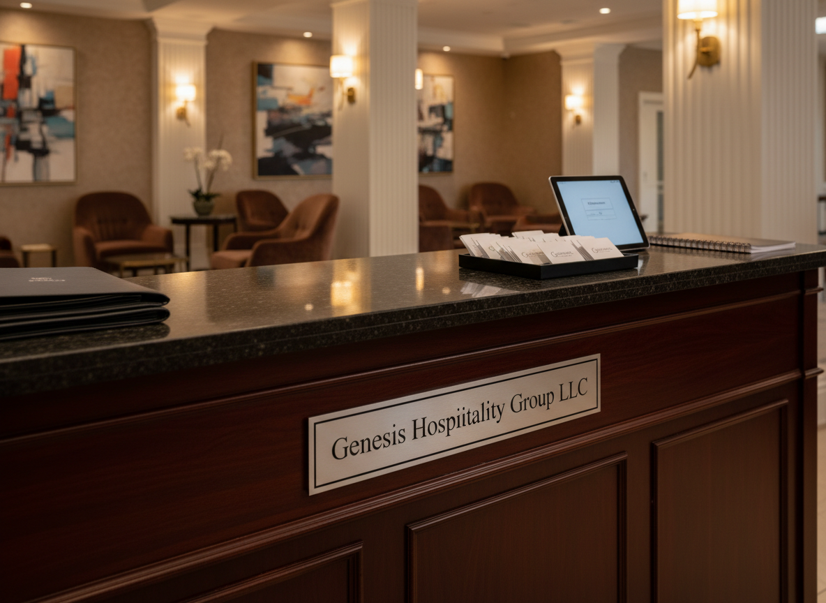 A polished, dark wood reception counter with a discrete brushed-metal plaque engraved with “Genesis Hospitality Group LLC” in clean, modern typography, standing in the foreground of a sophisticated hotel lobby. Behind it, a curated arrangement of keycards, a sleek tablet, and neatly organized folders suggests meticulous operations. Soft, warm overhead lighting and indirect wall sconces illuminate the scene, casting gentle reflections on the counter’s glossy surface. The background is softly blurred, showing hints of upscale lounge seating and architectural details. Captured at eye level with a shallow depth of field in photographic realism, the mood is professional, welcoming, and quietly luxurious, emphasizing trust and operational excellence without any human presence.