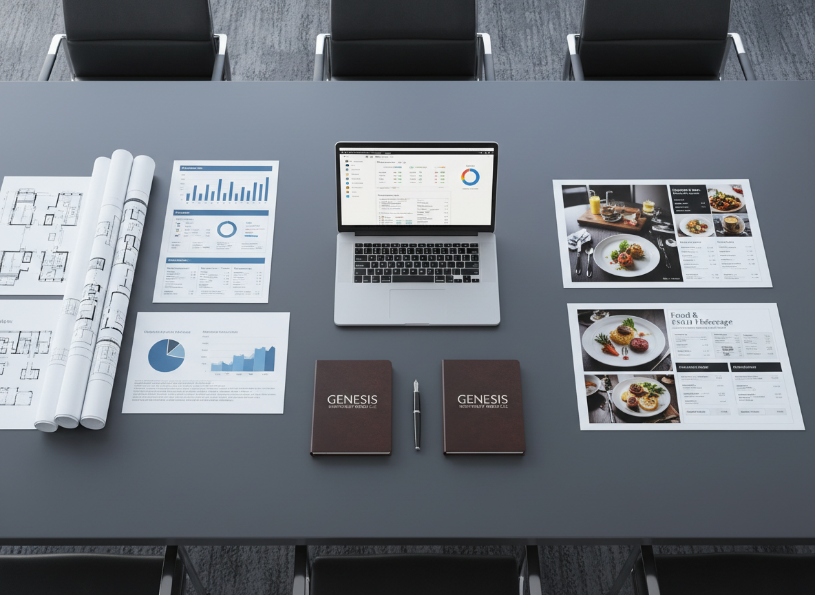 An elegant, overhead photographic view of a large, slate-gray conference table in a high-end hospitality office, covered with neatly arranged documents showing hotel floor plans, franchise performance charts, and food & beverage concept boards. A silver laptop displays a dashboard of operational metrics, while branded leather notebooks and a single fountain pen rest precisely aligned. Soft daylight filters through unseen windows, creating a calm, even illumination with minimal shadows. The composition uses clean lines and symmetry to convey discipline and strategic clarity. The overall aesthetic is modern, minimalist, and corporate, highlighting Genesis Hospitality Group LLC’s analytical, hands-on approach to acquiring and managing hospitality businesses.