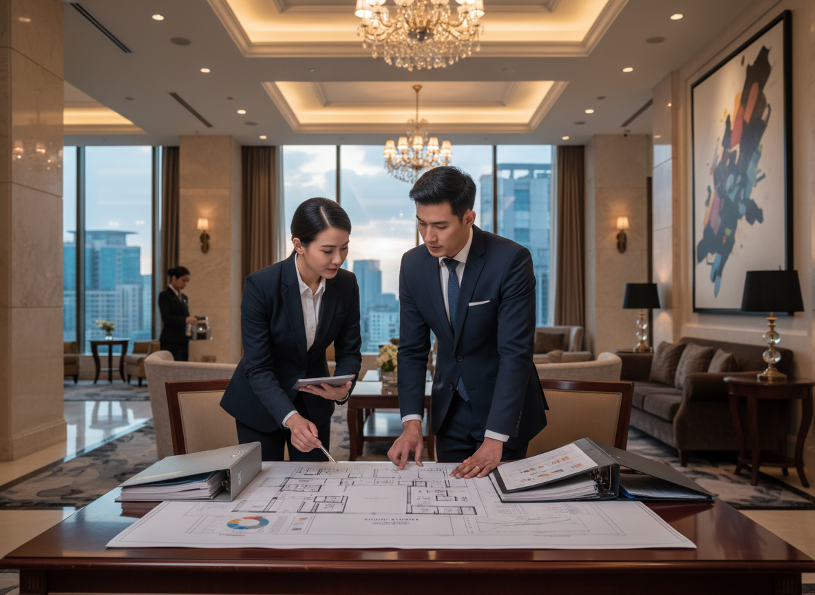 Two investors reviewing hotel floor plans and financial documents in a luxury hotel lobby, evaluating a hospitality acquisition.