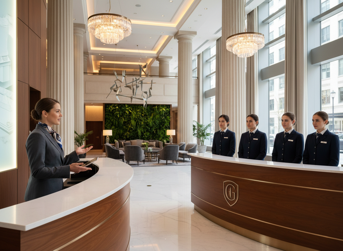 Hotel general manager leading a team briefing with front-desk staff in a modern upscale hotel lobby, demonstrating hospitality operations leadership.