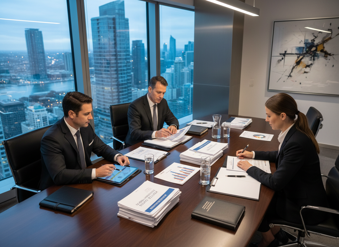 Three executives reviewing strategy documents, market analysis, and investment decks around a boardroom table, planning hospitality business consulting and due diligence.