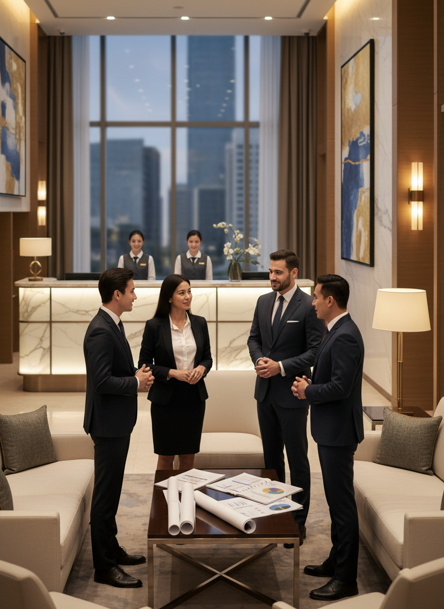 Professional, high-end hotel lobby scene focused on hospitality executives and hotel ownership: a small group of well-dressed hotel executives and franchise owners in discussion near the front desk and lobby seating, subtle cues of hotel development and operations such as floor plans or development documents on a table, warm modern lighting, sophisticated corporate-hospitality aesthetic, vertical composition